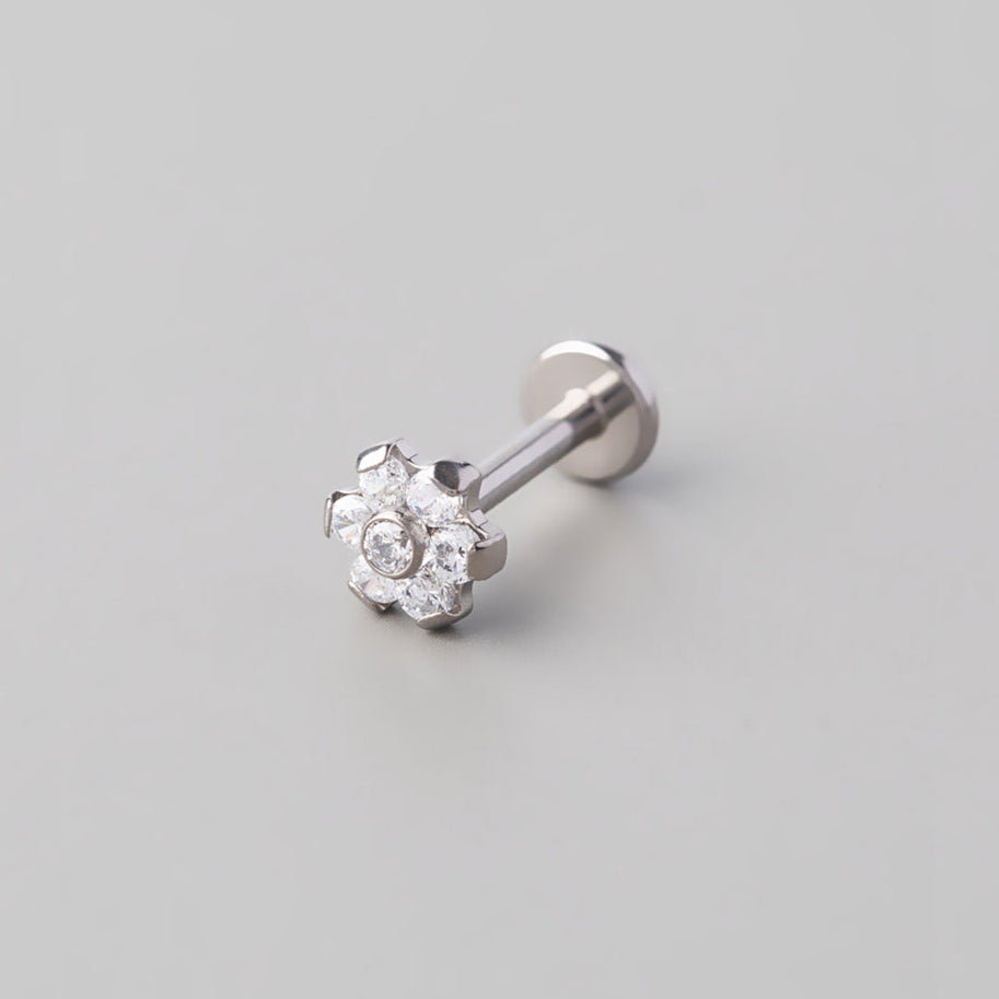 Clear CZ Flower Threadless Labret in Silver - Titanium