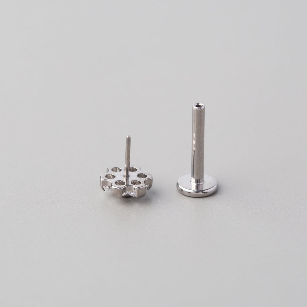 Clear CZ Flower Threadless Labret in Silver - Titanium