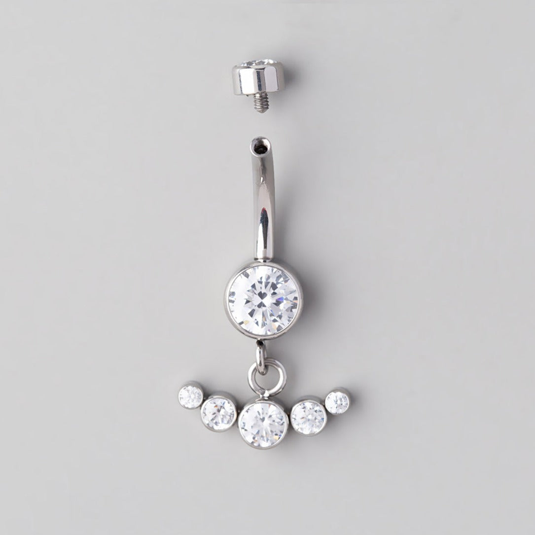 Bezel Set Horizontal 5 CZ Dangle Belly Bar  - Titanium - Camden Body Jewellery