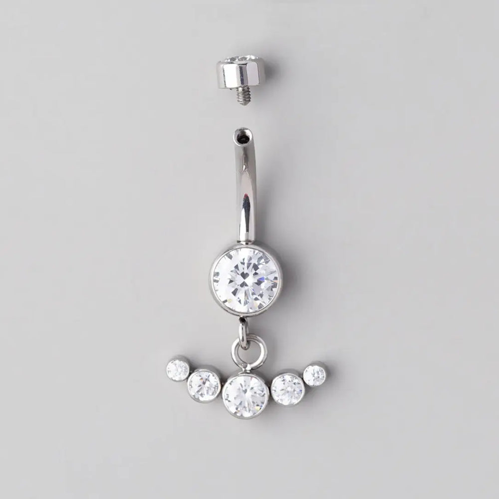 Bezel Set Horizontal 5 CZ Dangle Belly Bar  - Titanium