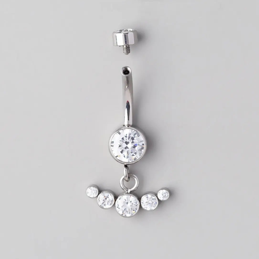 Bezel Set Horizontal 5 CZ Dangle Belly Bar  - Titanium - Camden Body Jewellery