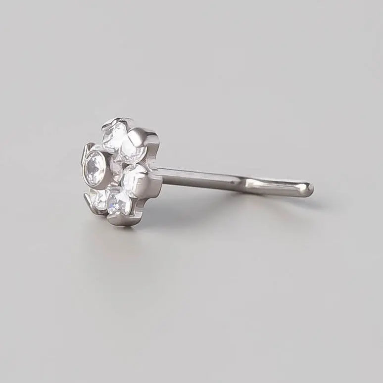 L-Shape Nose Stud Six Flower CZ - Titanium