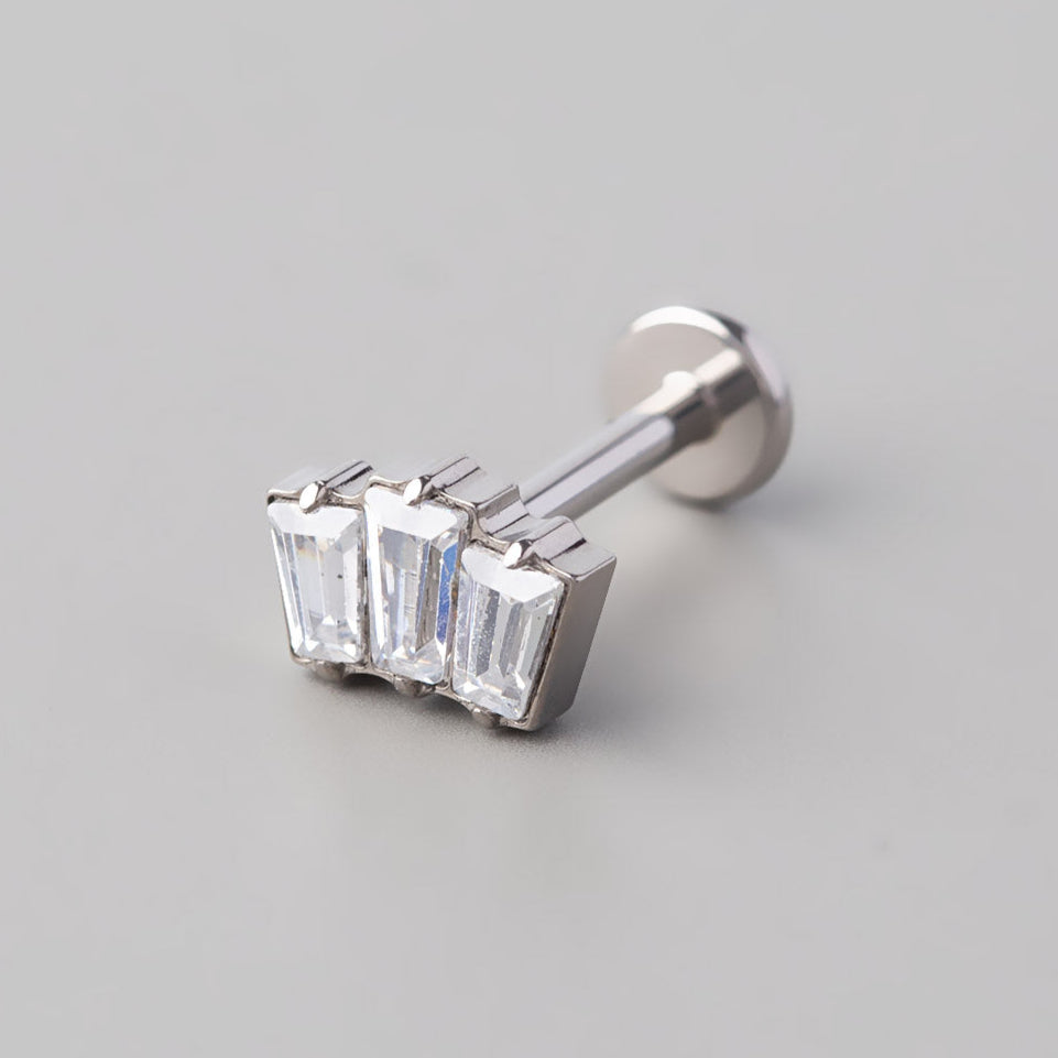 3 Bezel Set Rectangles CZ Threadless Labret in Silver - Titanium