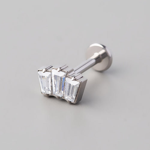 3 Bezel Set Rectangles CZ Threadless Labret in Silver - Titanium