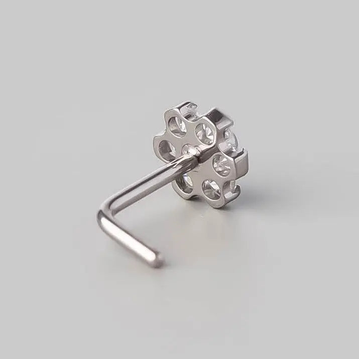L-Shape Nose Stud Six Flower CZ - Titanium