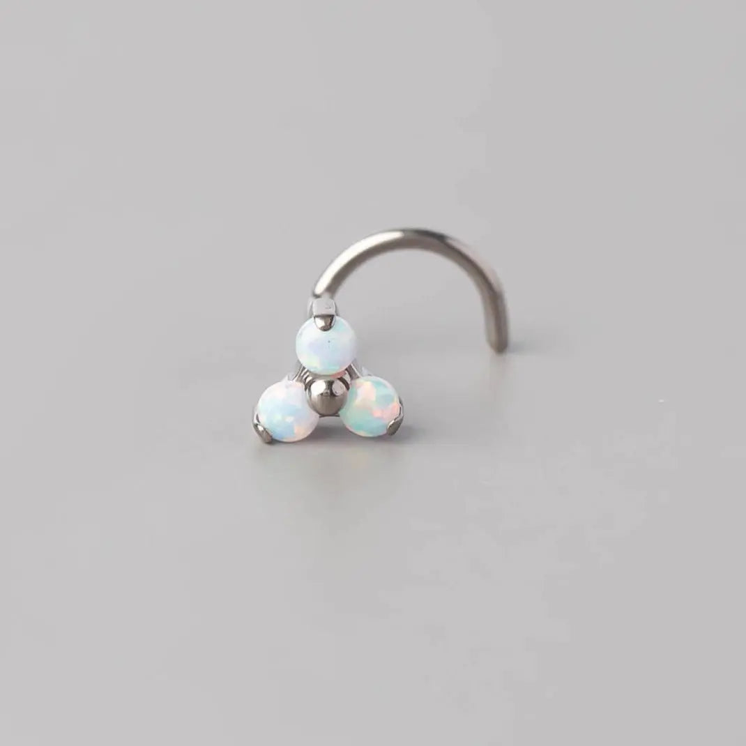 Screw Shape Nose Stud Triple Stone Trinity in White Opal - Titanium - Camden Body Jewellery