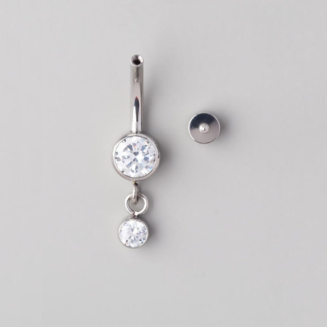 Bezel Set CZ Round CZ Dangle Belly Bar - Titanium - Camden Body Jewellery