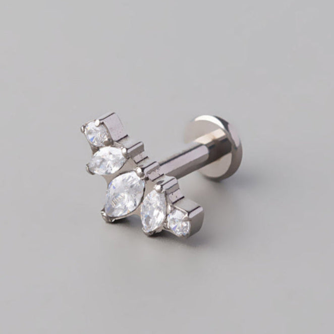 Triple Marquise CZ 2 Round CZ Threadless Labret in Silver - Titanium