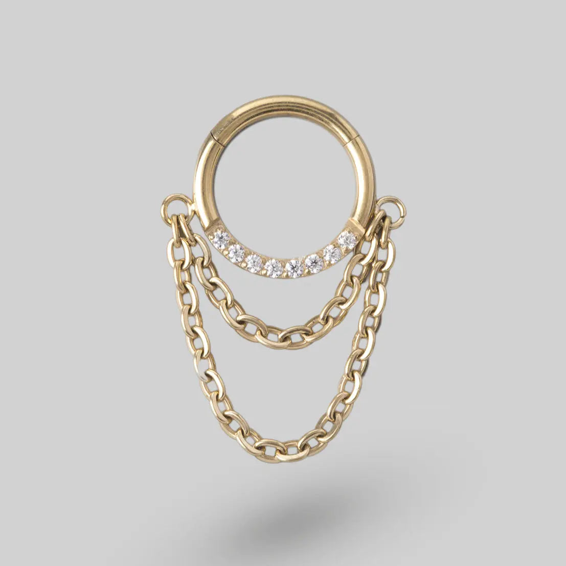 Hinged Segment Ring Front Face CZ With Chain Dangle in Gold - Titanium - Camden Body Jewellery