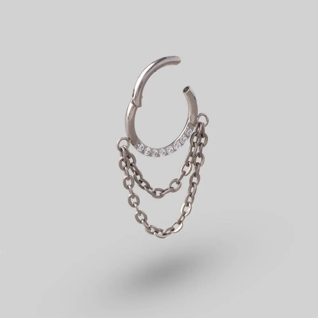 Hinged Segment Ring Front Face CZ With Chain Dangle in Silver - Titanium - Camden Body Jewellery