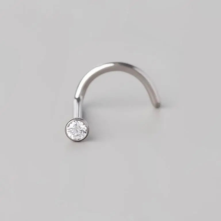 Screw Shape Nose Stud with Clear Gem - Titanium