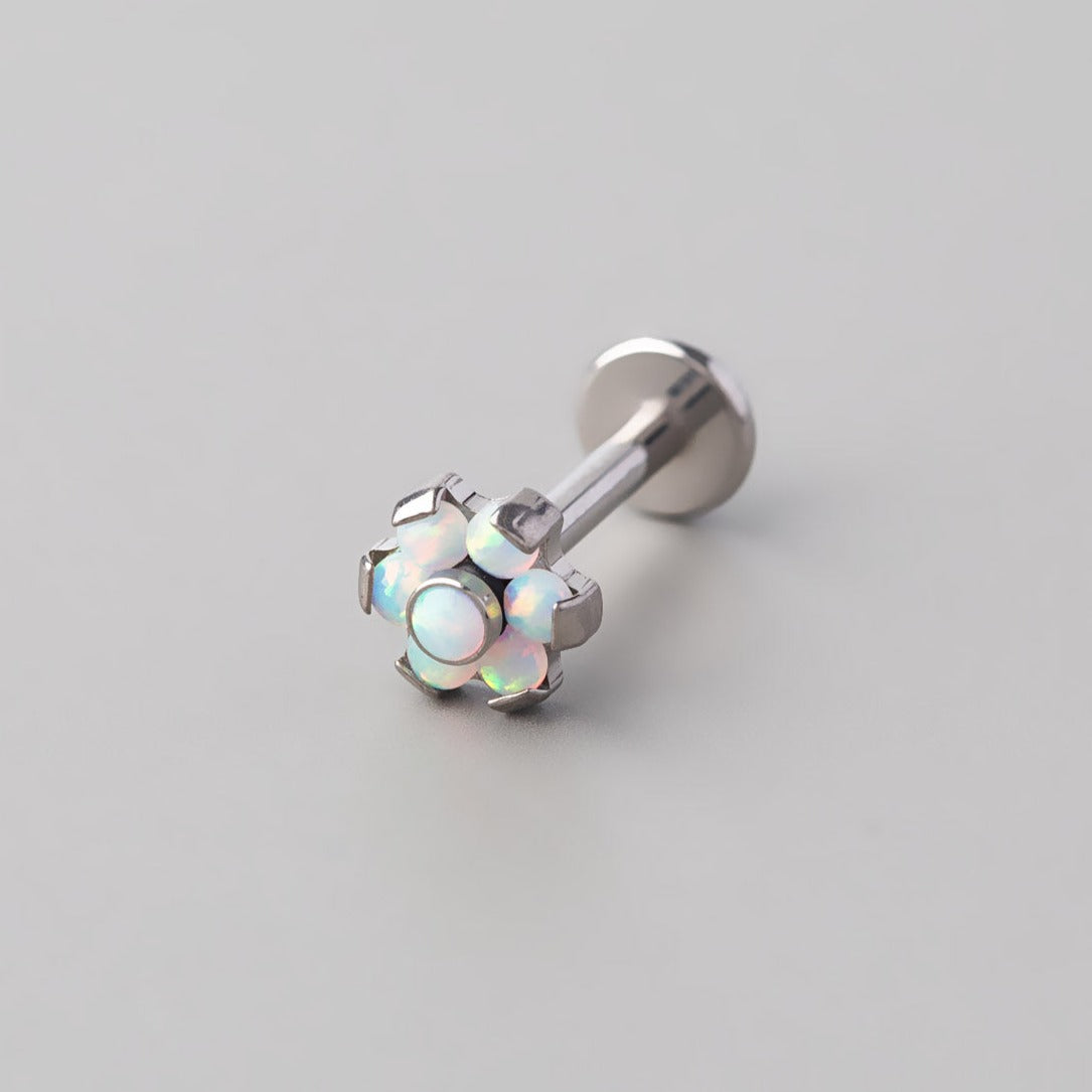 Bezel White Opal CZ Flower Labret in Silver - Titanium - Camden Body Jewellery