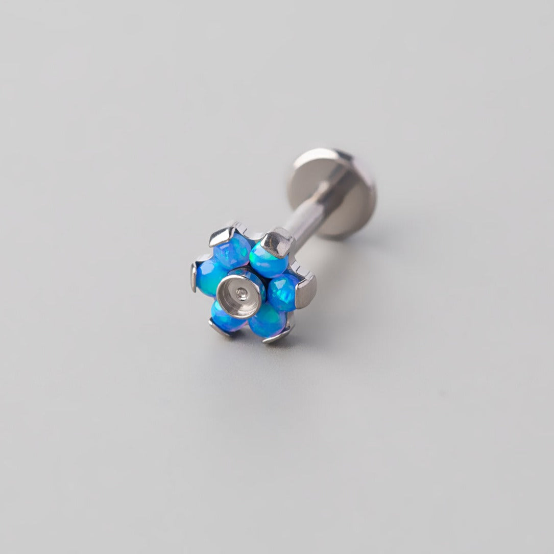 Bezel Blue Opal CZ Flower Labret in Silver - Titanium - Camden Body Jewellery