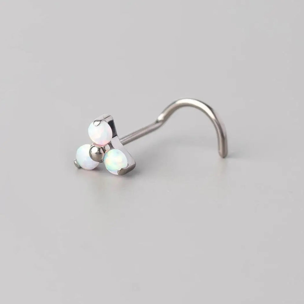Screw Shape Nose Stud Triple Stone Trinity in White Opal - Titanium