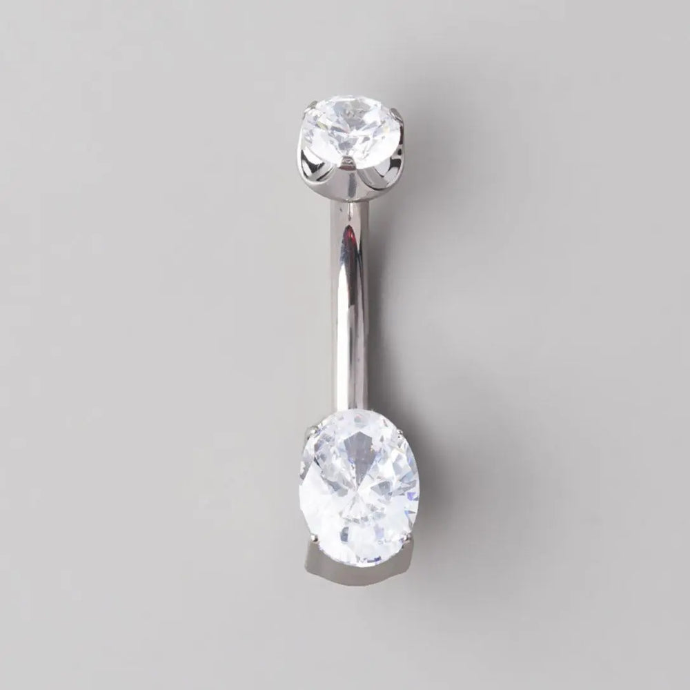 Oval Cut Prong Set CZ Silver Belly Bar - Titanium