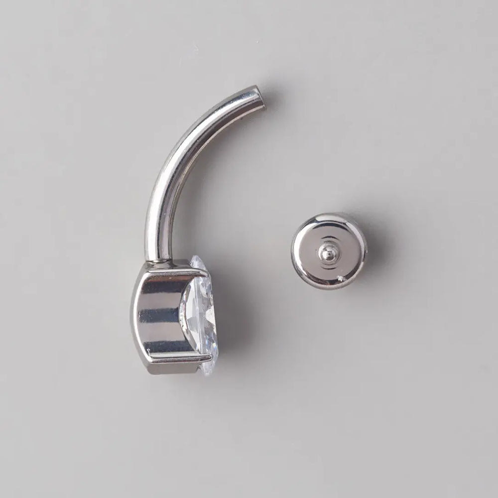 Oval Cut Prong Set CZ Silver Belly Bar - Titanium