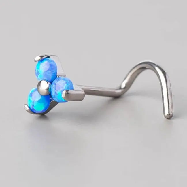 Screw Shape Nose Stud Triple Stone Trinity in Blue Opal - Titanium