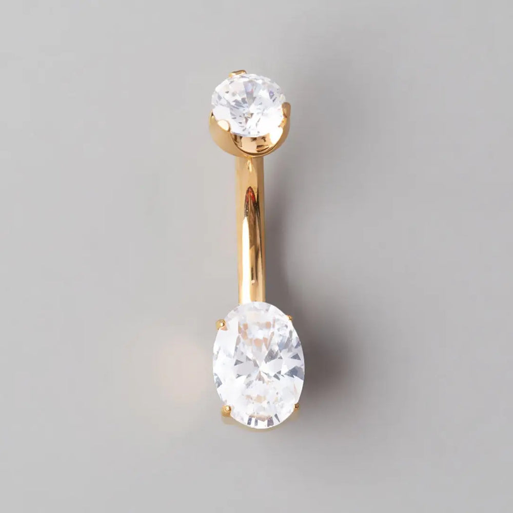 Oval Cut Prong Set CZ Gold Belly Bar - Titanium