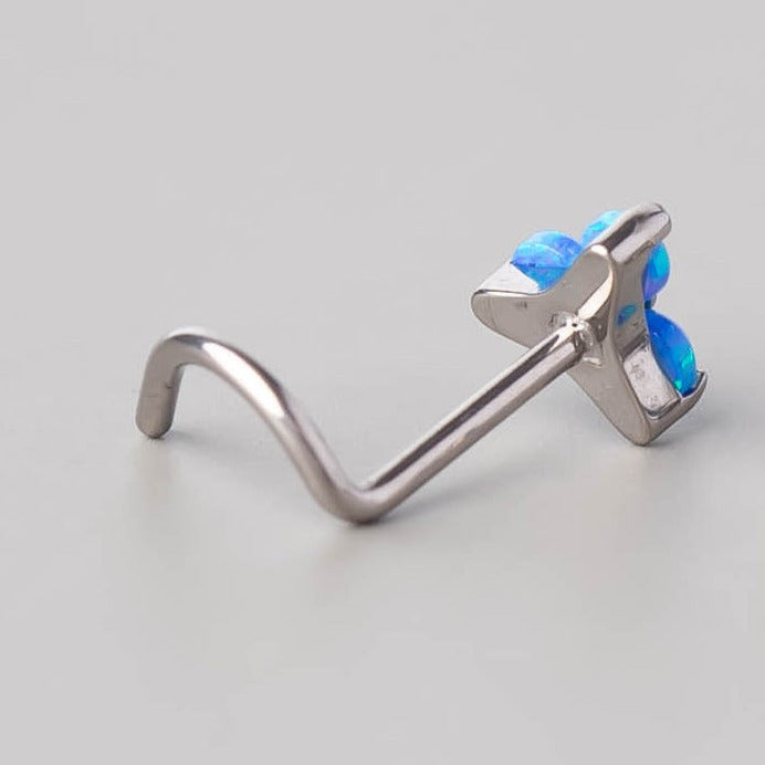 Screw Shape Nose Stud Triple Stone Trinity in Blue Opal - Titanium - Camden Body Jewellery