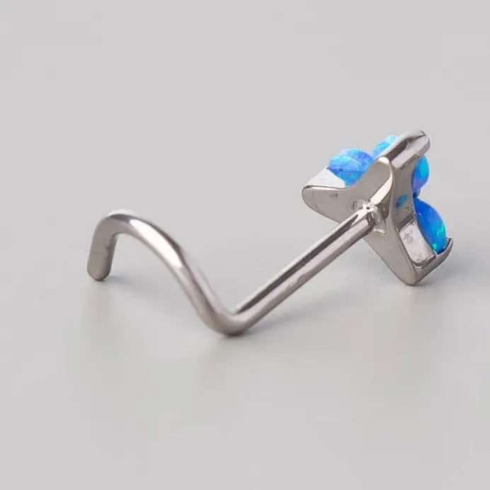 Screw Shape Nose Stud Triple Stone Trinity in Blue Opal - Titanium