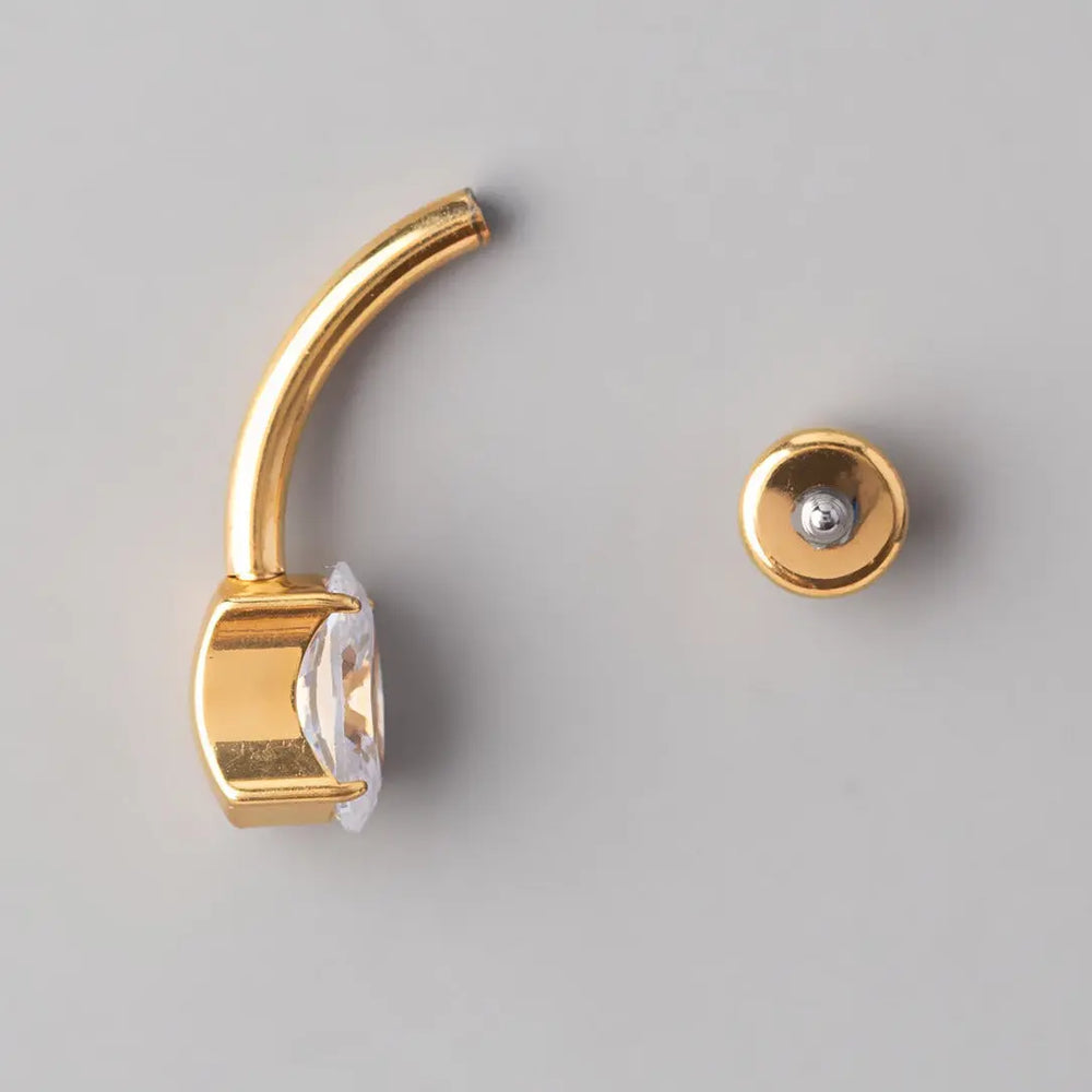 Oval Cut Prong Set CZ Gold Belly Bar - Titanium