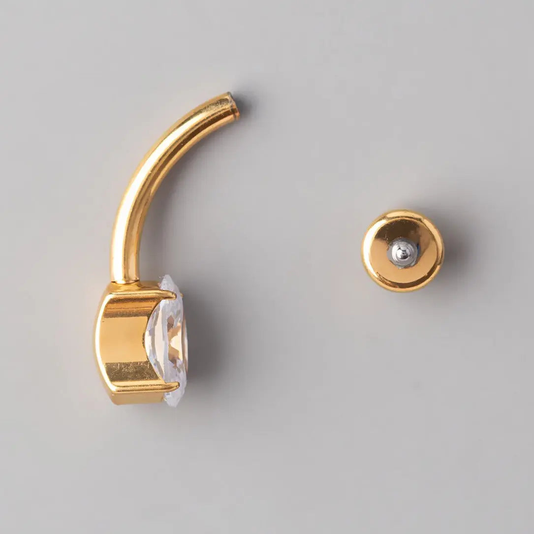 Oval Cut Prong Set CZ Gold Belly Bar - Titanium - Camden Body Jewellery