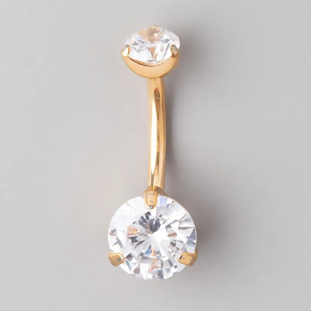 Double CZ Prong Set in Gold Belly Bar - Titanium
