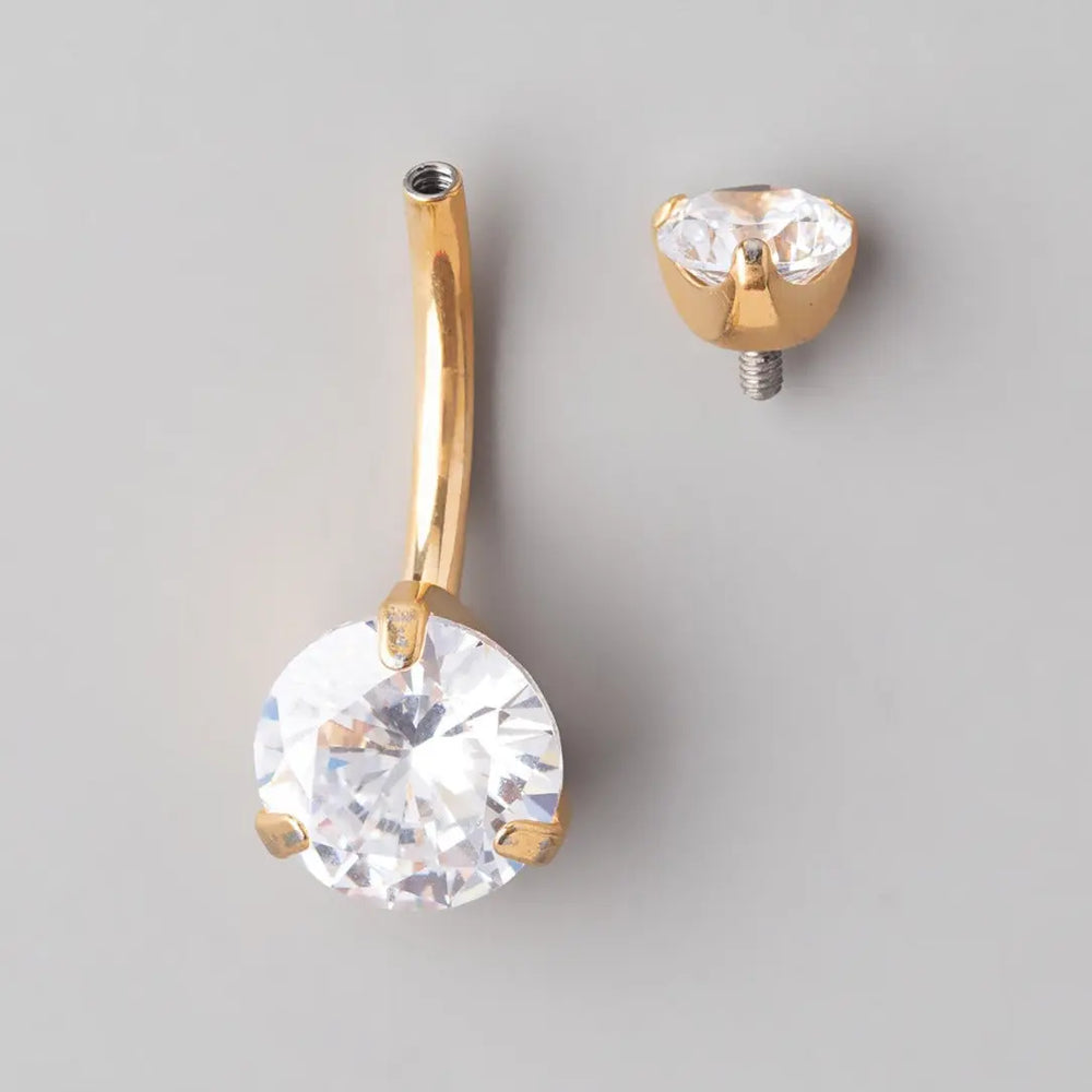 Double CZ Prong Set in Gold Belly Bar - Titanium