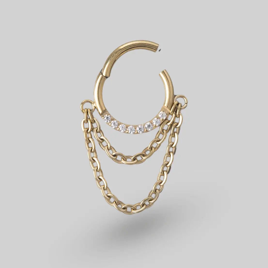 Hinged Segment Ring Front Face CZ With Chain Dangle in Gold - Titanium - Camden Body Jewellery