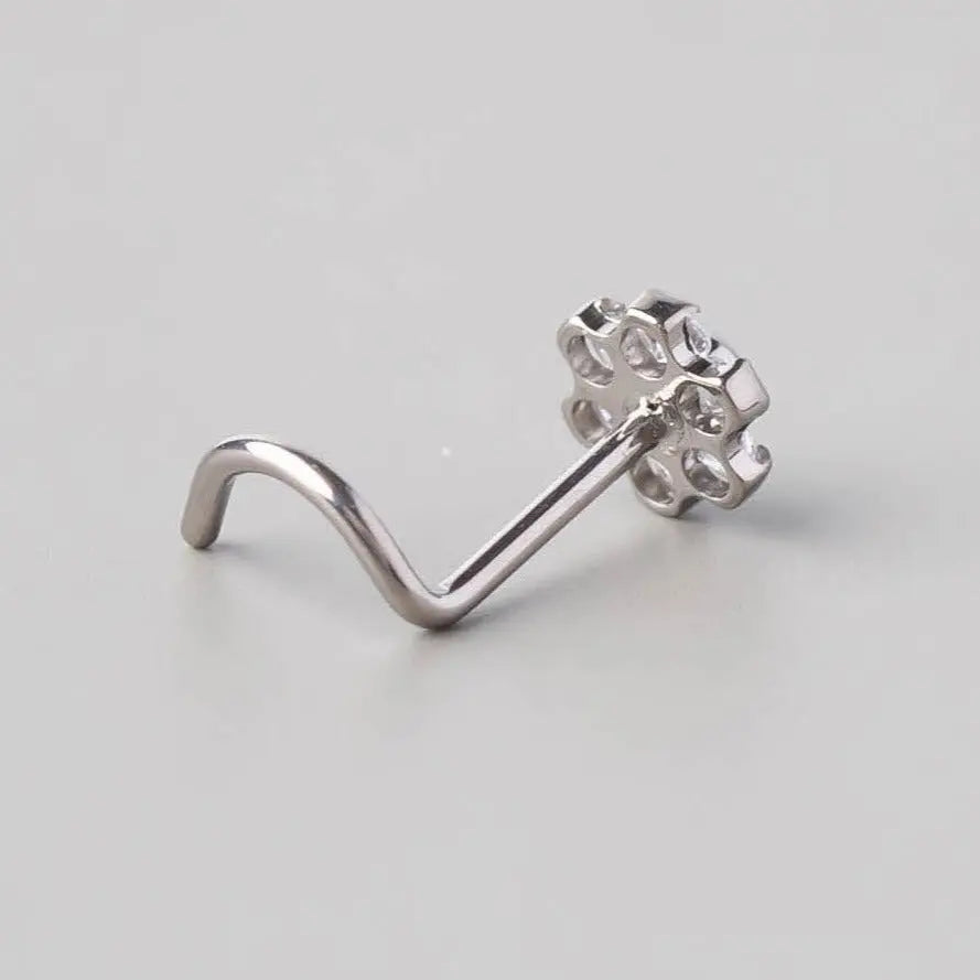 Screw Shape Nose Stud Six Flower CZ - Titanium