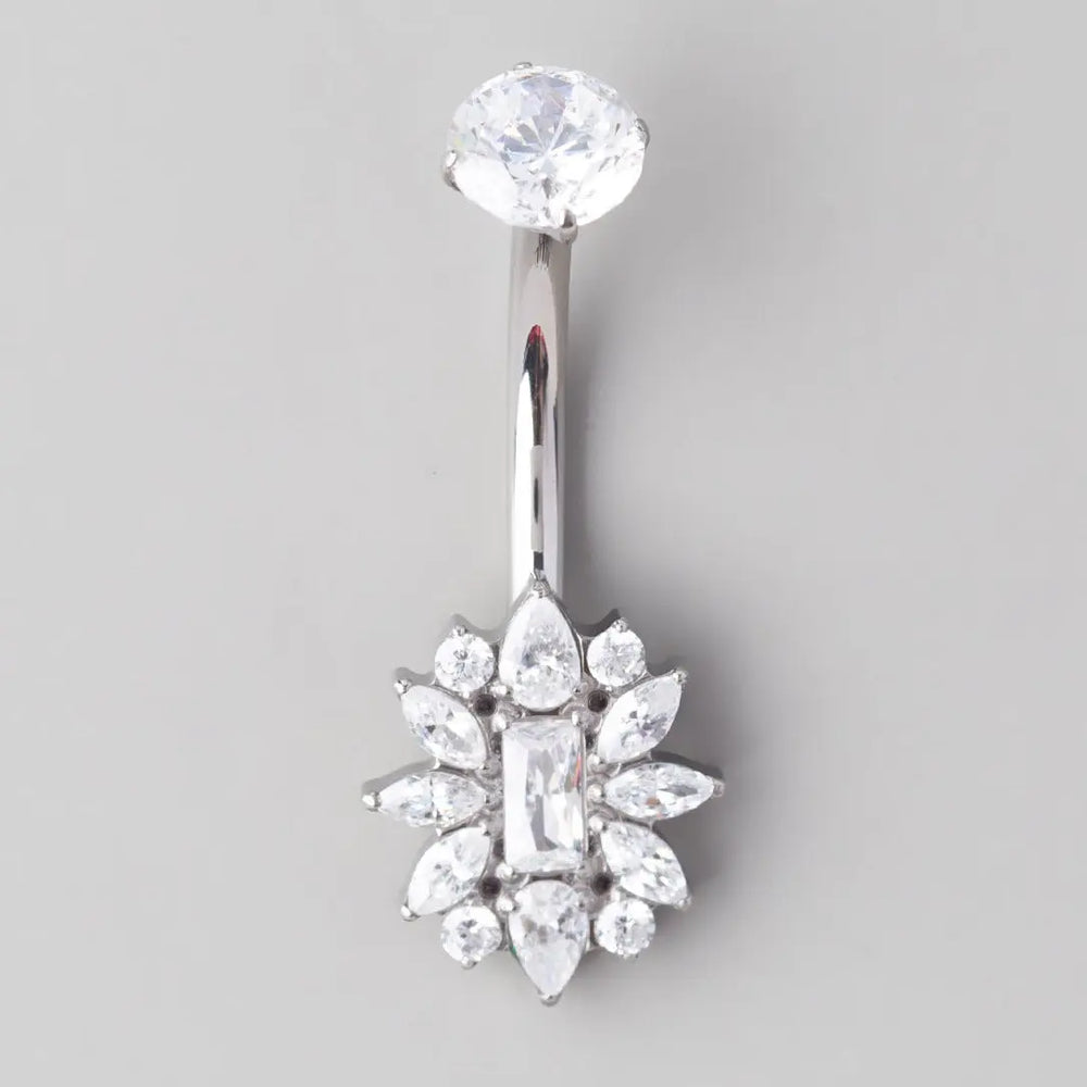 Triangular CZ Flower Rectangular CZ Centre Belly Bar - Titanium