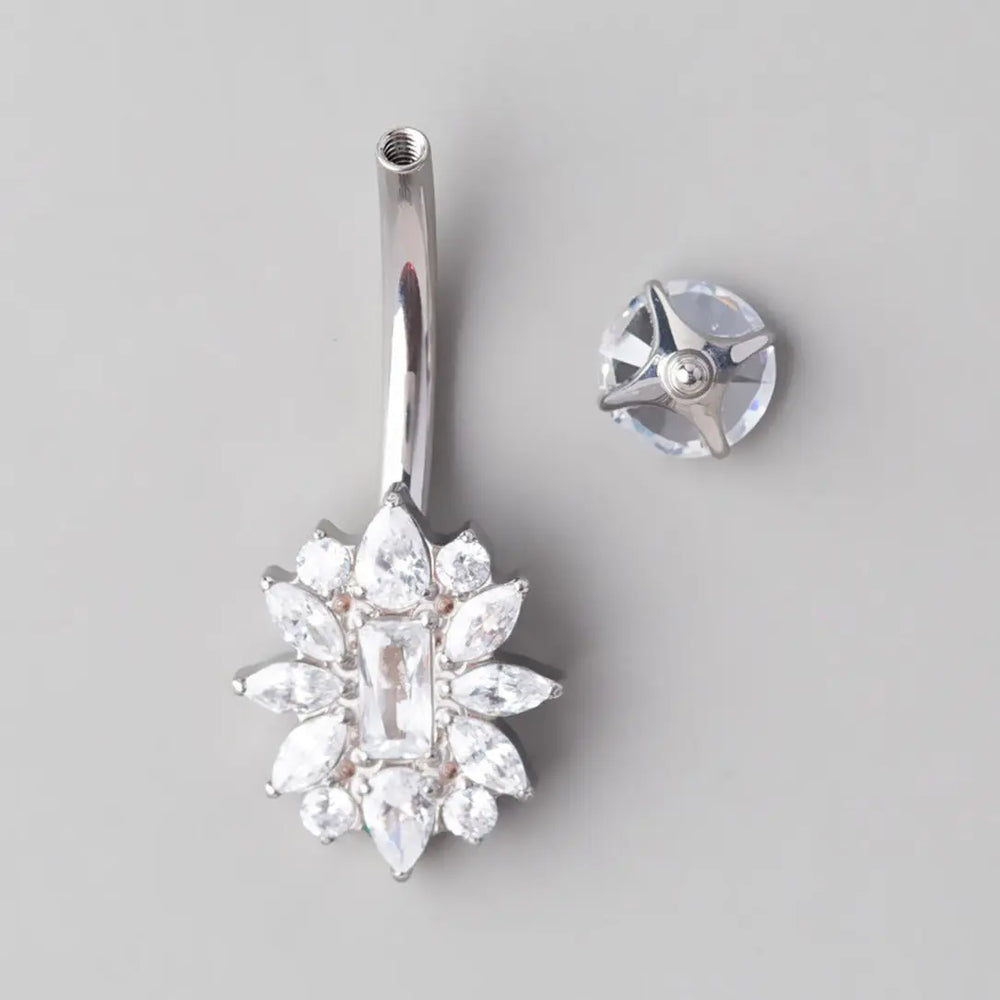 Triangular CZ Flower Rectangular CZ Centre Belly Bar - Titanium