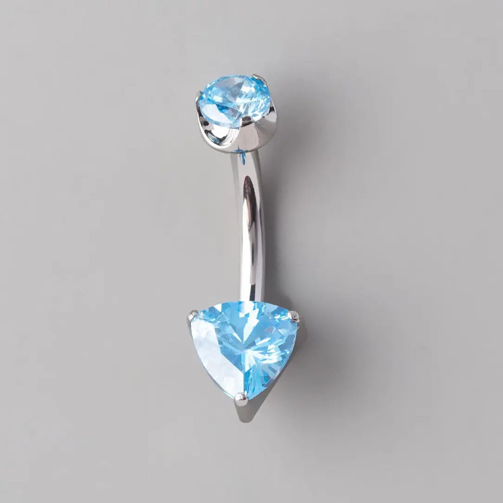 Prong Set Triangle Cut Aqua Zircon Belly Bar in Silver - Titanium