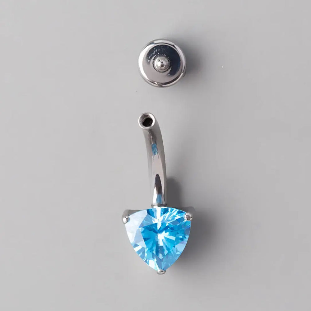 Prong Set Triangle Cut Aqua Zircon Belly Bar in Silver - Titanium