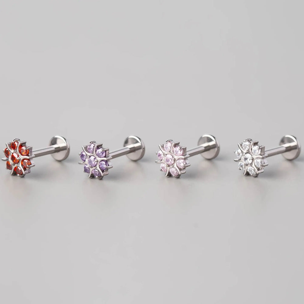 CZ Paved Flower Labret in Pink - Titanium