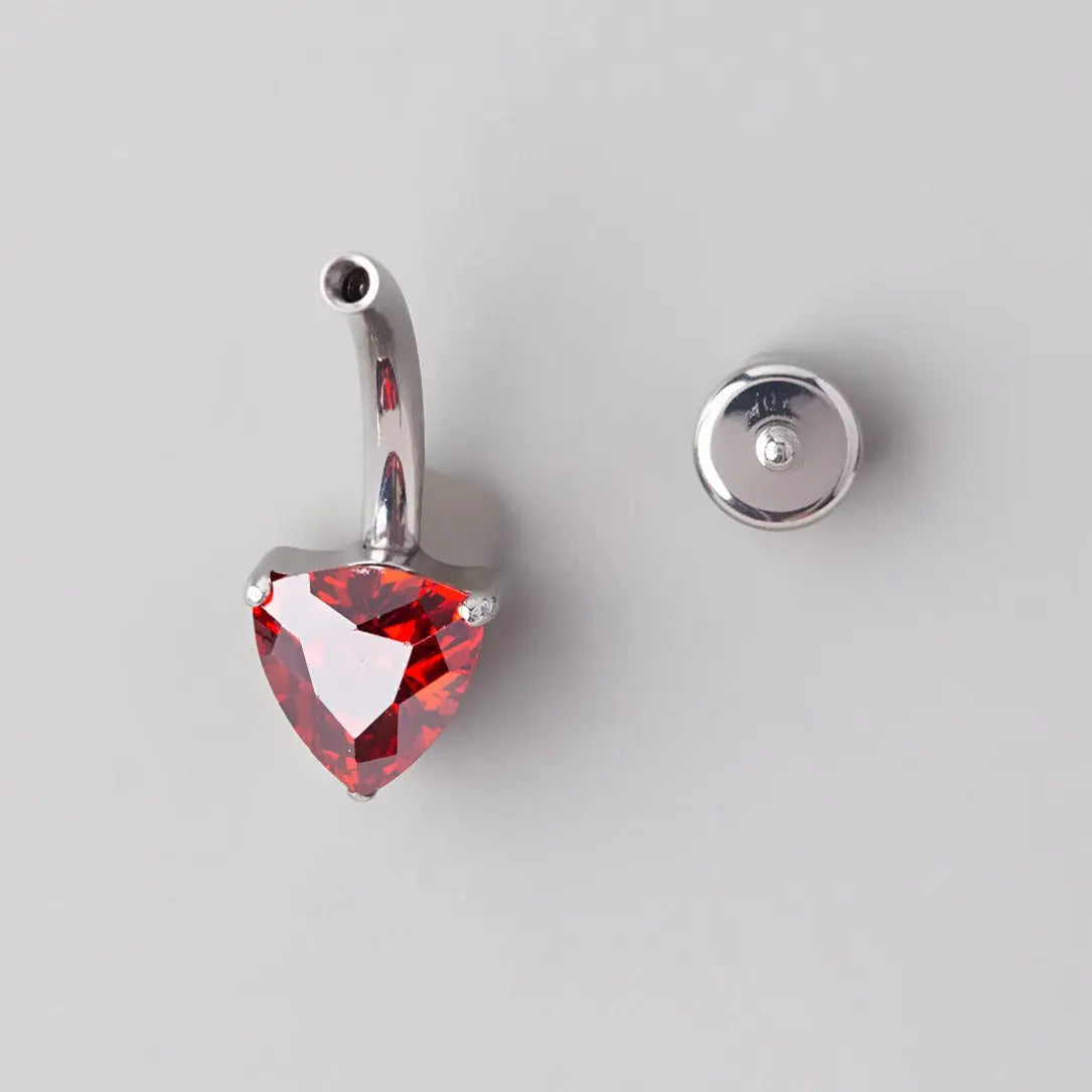 Prong Set Triangle Cut Red Zircon Belly Bar in Silver - Titanium - Camden Body Jewellery