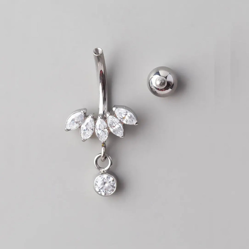 5 Marquise Bezel CZ Dangle Belly Bar in Silver - Titanium