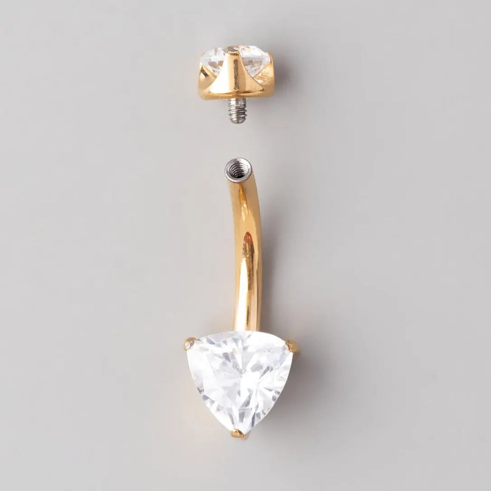 Prong Set Triangle Cut Clear Zircon Belly Bar in Gold - Titanium