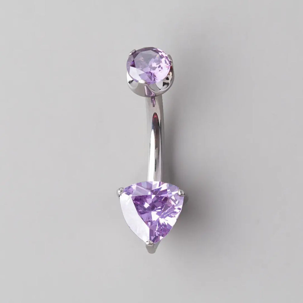 Prong Set Triangle Cut Amethyst Zircon Belly Bar in Silver - Titanium