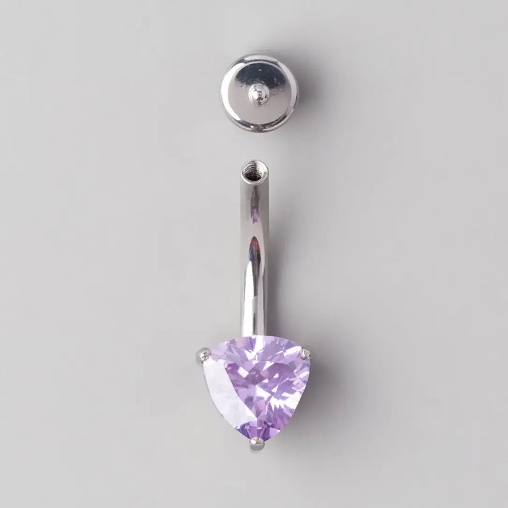 Prong Set Triangle Cut Amethyst Zircon Belly Bar in Silver - Titanium