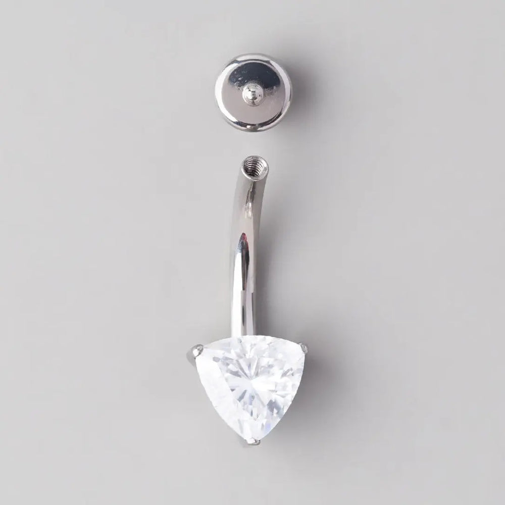 Prong Set Triangle Cut Clear Zircon Belly Bar in Silver - Titanium