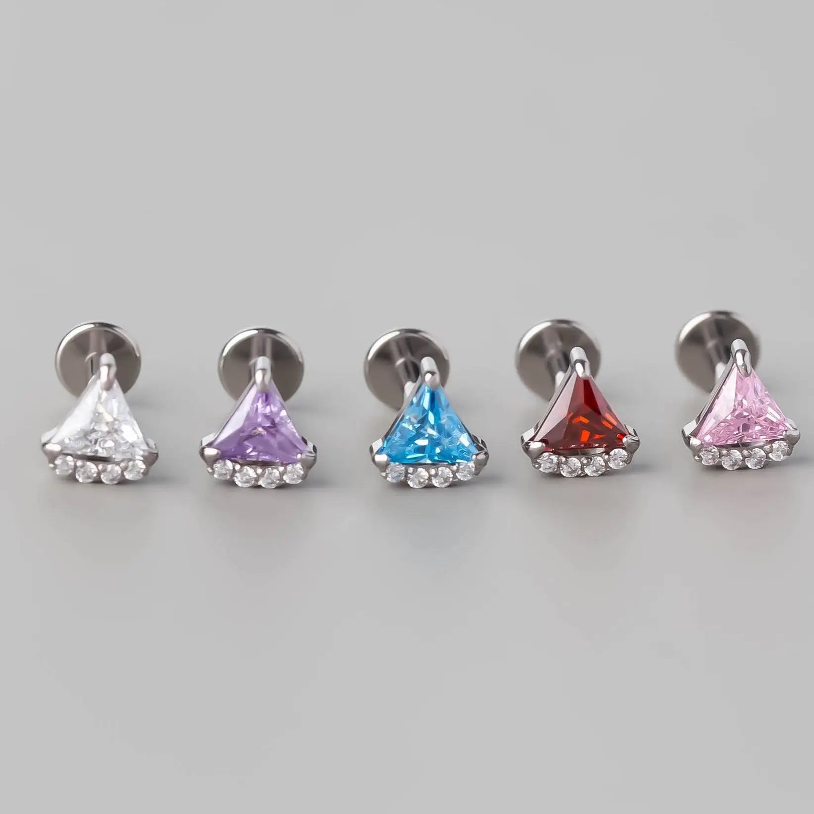 Quadruple CZ Triangle Set Labret in Pink - Titanium - Camden Body Jewellery