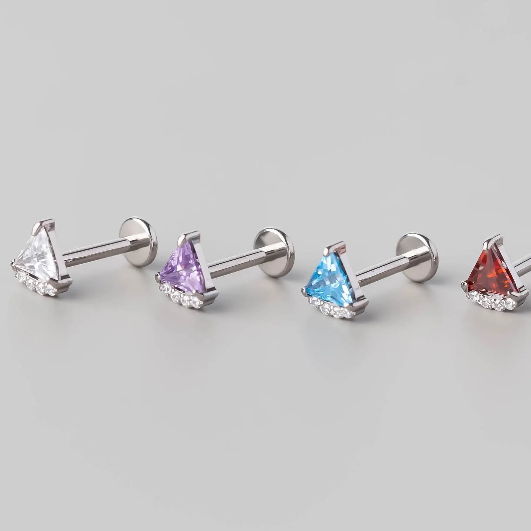 Quadruple CZ Triangle Set Labret in Amethyst - Titanium - Camden Body Jewellery