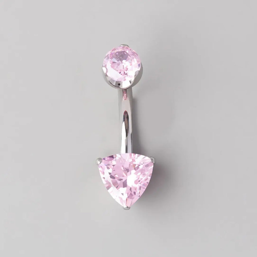 Prong Set Triangle Cut Pink Zircon Belly Bar in Silver - Titanium