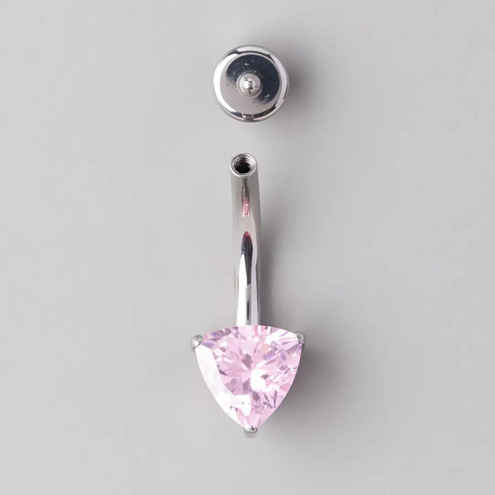 Prong Set Triangle Cut Pink Zircon Belly Bar in Silver - Titanium