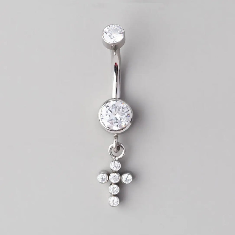 Bezel Set CZ Cross Dangle Belly Bar - Titanium
