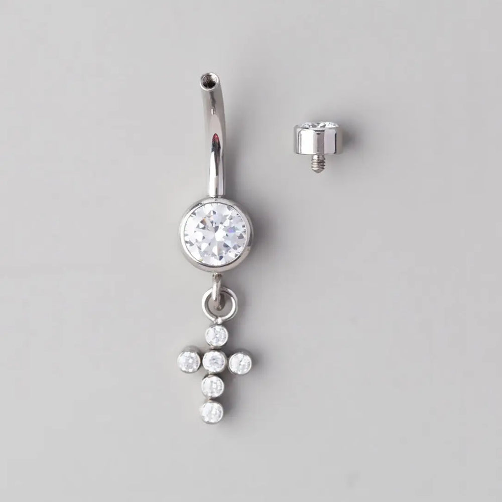 Bezel Set CZ Cross Dangle Belly Bar - Titanium