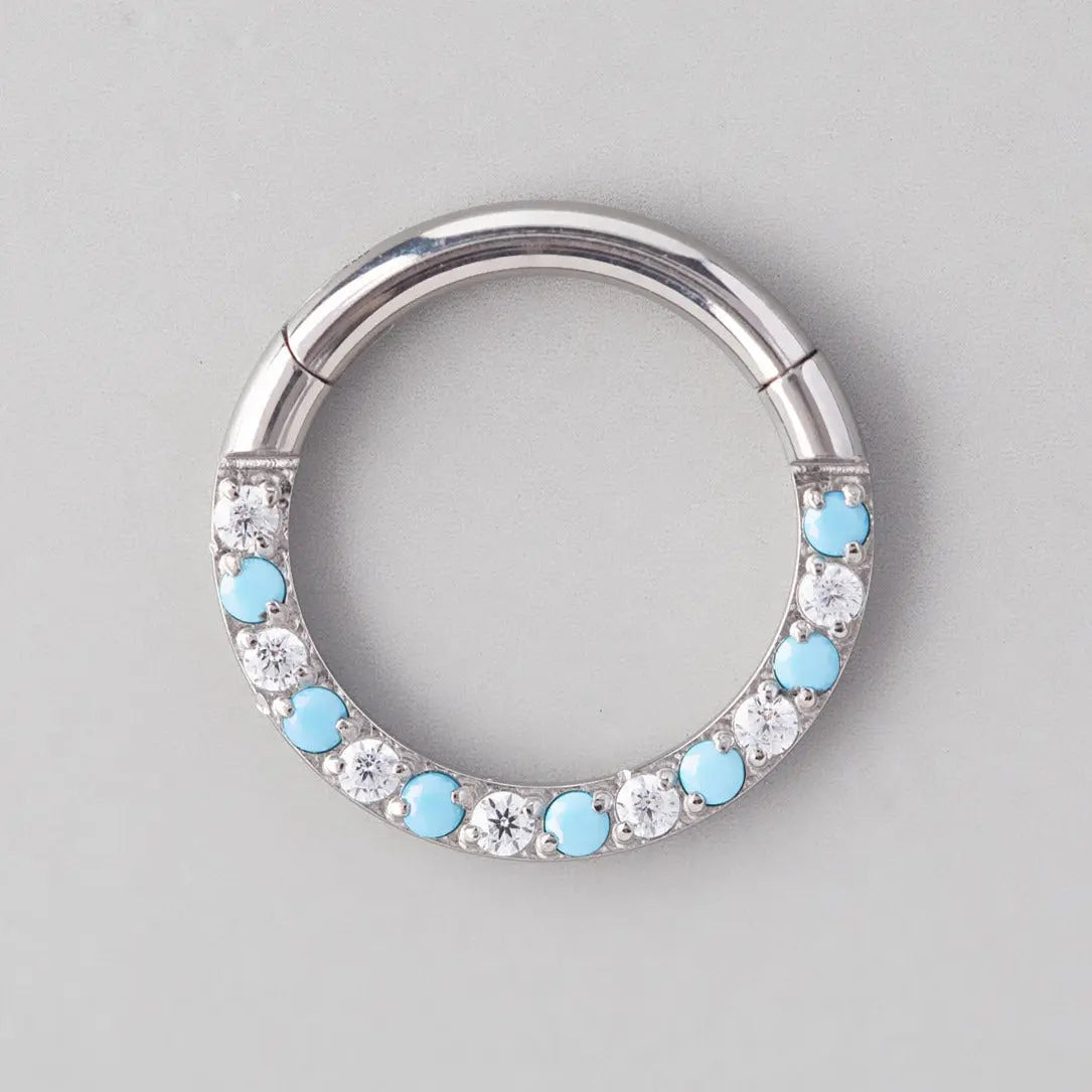 Hinged Segment Hoop Front Face CZ Pave Turquoise in Silver - Titanium - Camden Body Jewellery