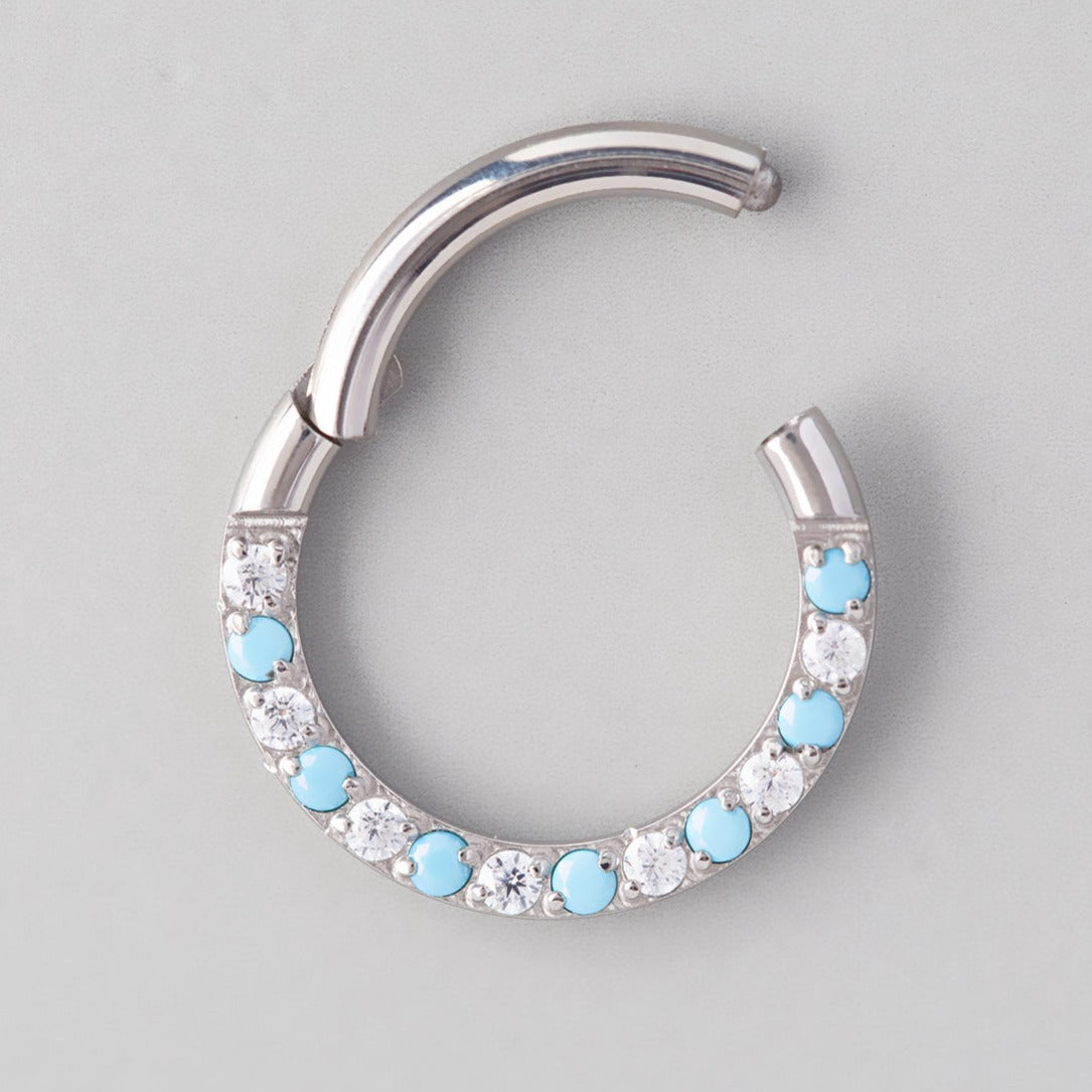 Hinged Segment Hoop Front Face CZ Pave Turquoise in Silver - Titanium - Camden Body Jewellery