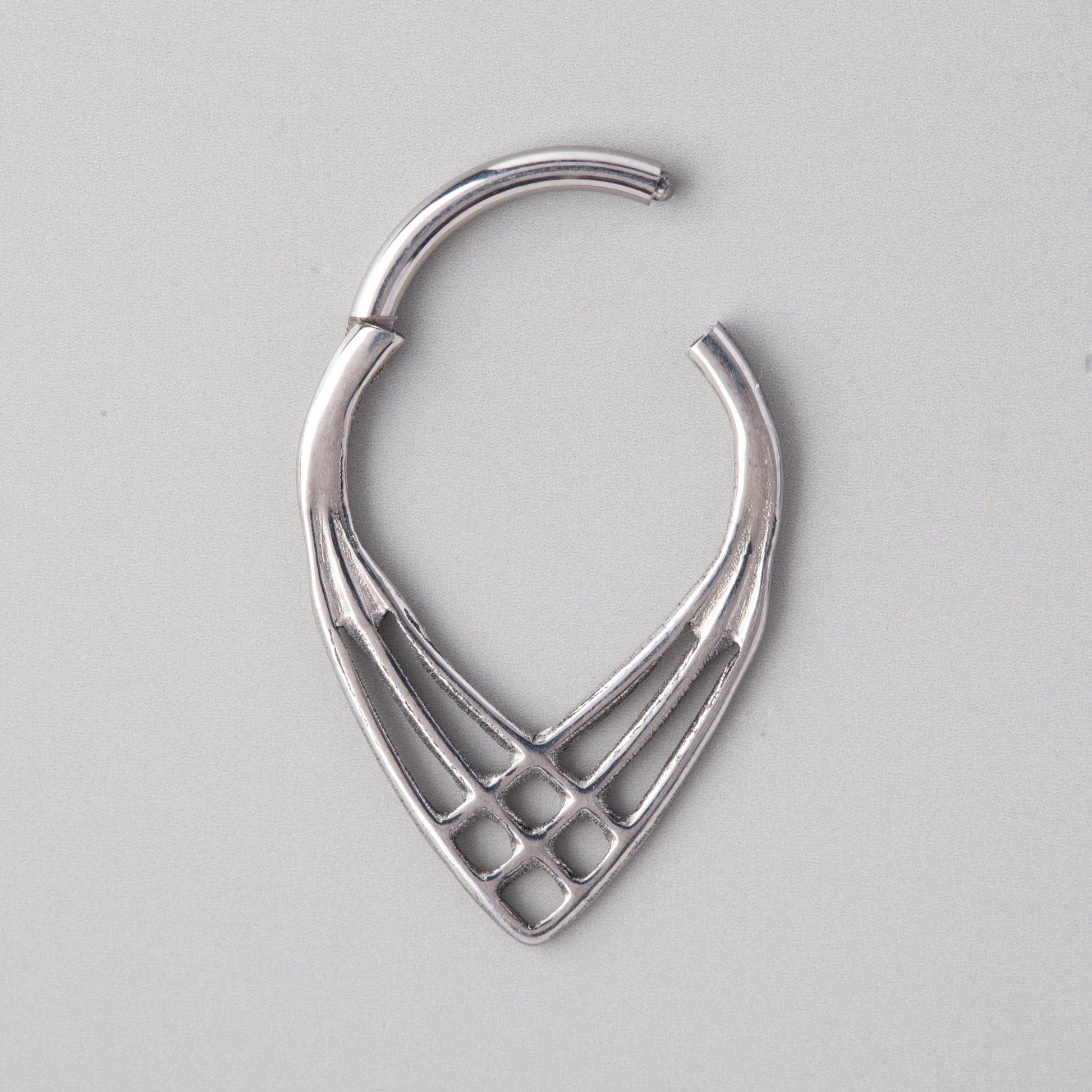 3 Lines Woven Web V Shape Segment Hoop in Silver - Titanium - Camden Body Jewellery